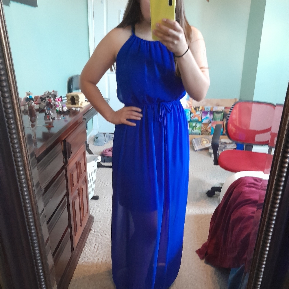 Floor Length Sheer Lined Dark Blue Maxi Dress